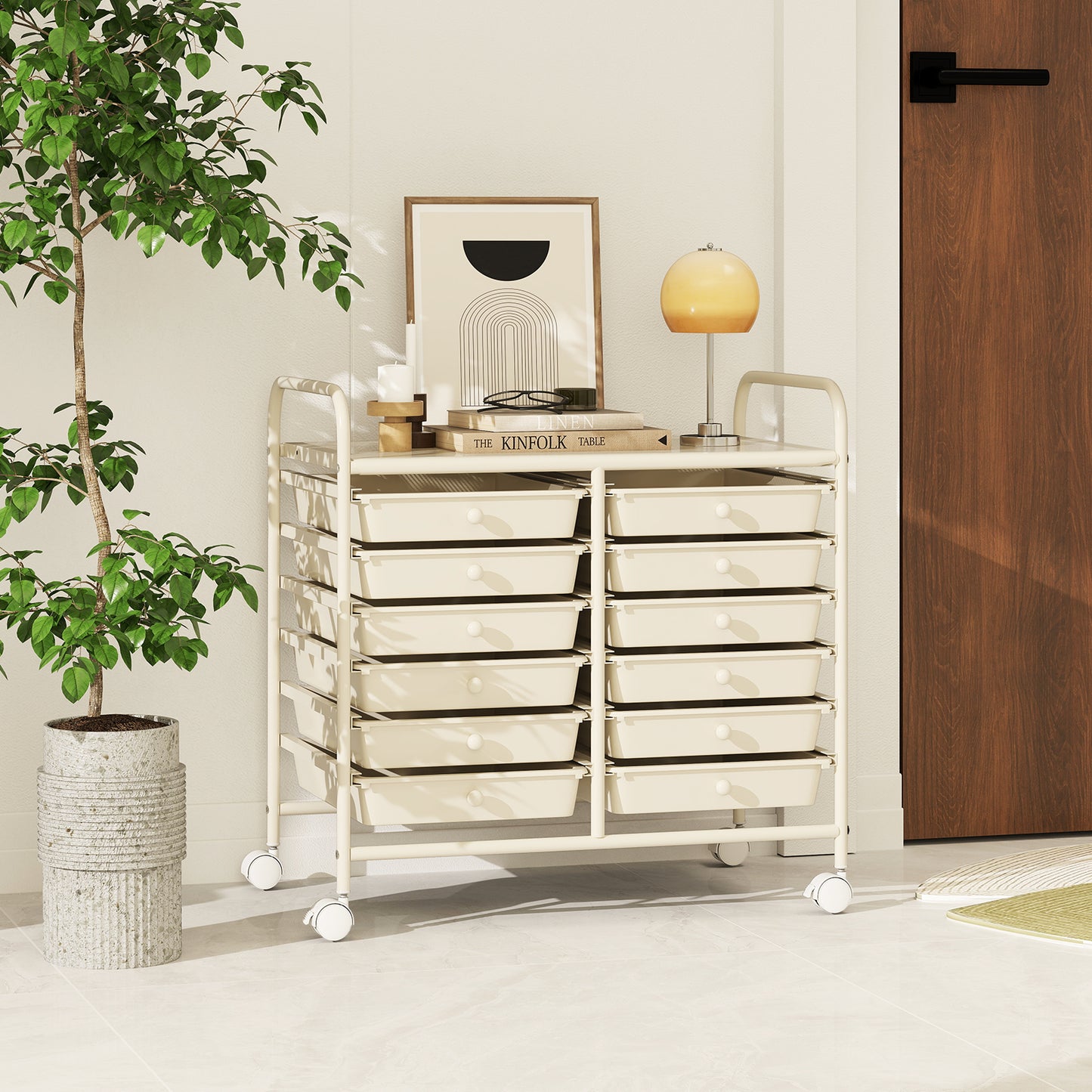 Storage Rolling Cart with Drawer and Large Countertop Side Handles-White