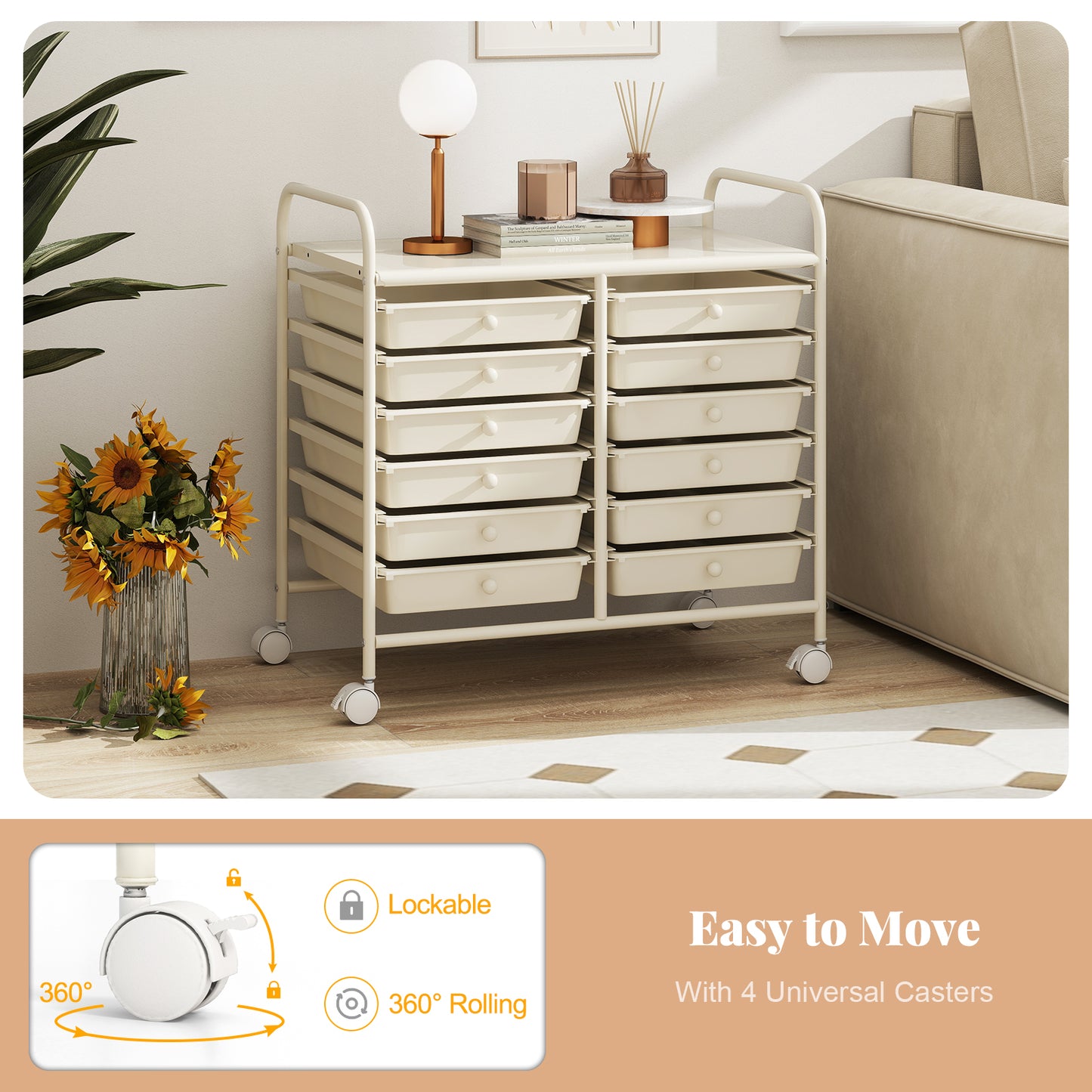 Storage Rolling Cart with Drawer and Large Countertop Side Handles-White