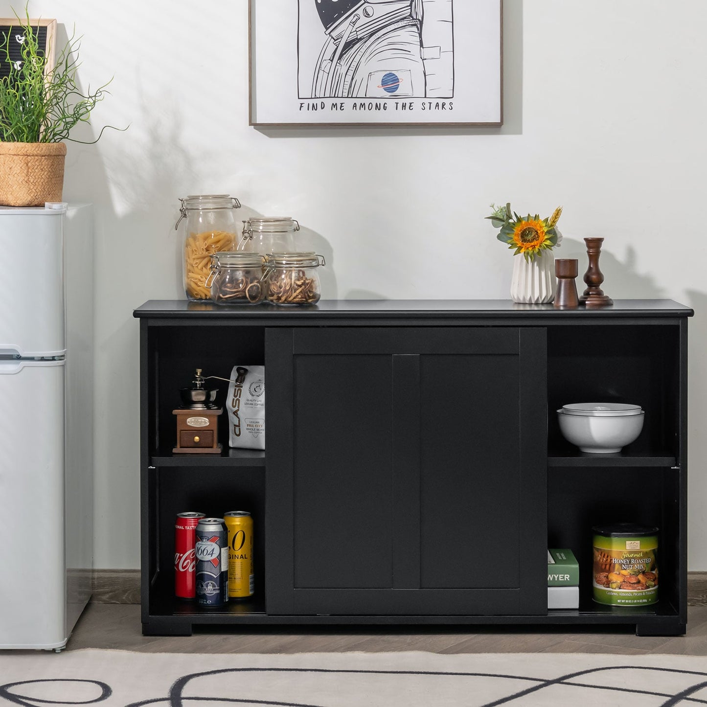 Storage Sideboard with Sliding Door and Double Partition-Black