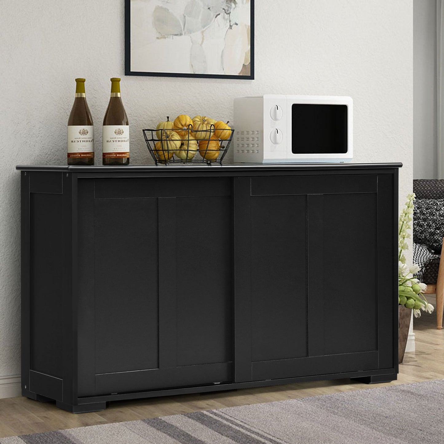 Storage Sideboard with Sliding Door and Double Partition-Black