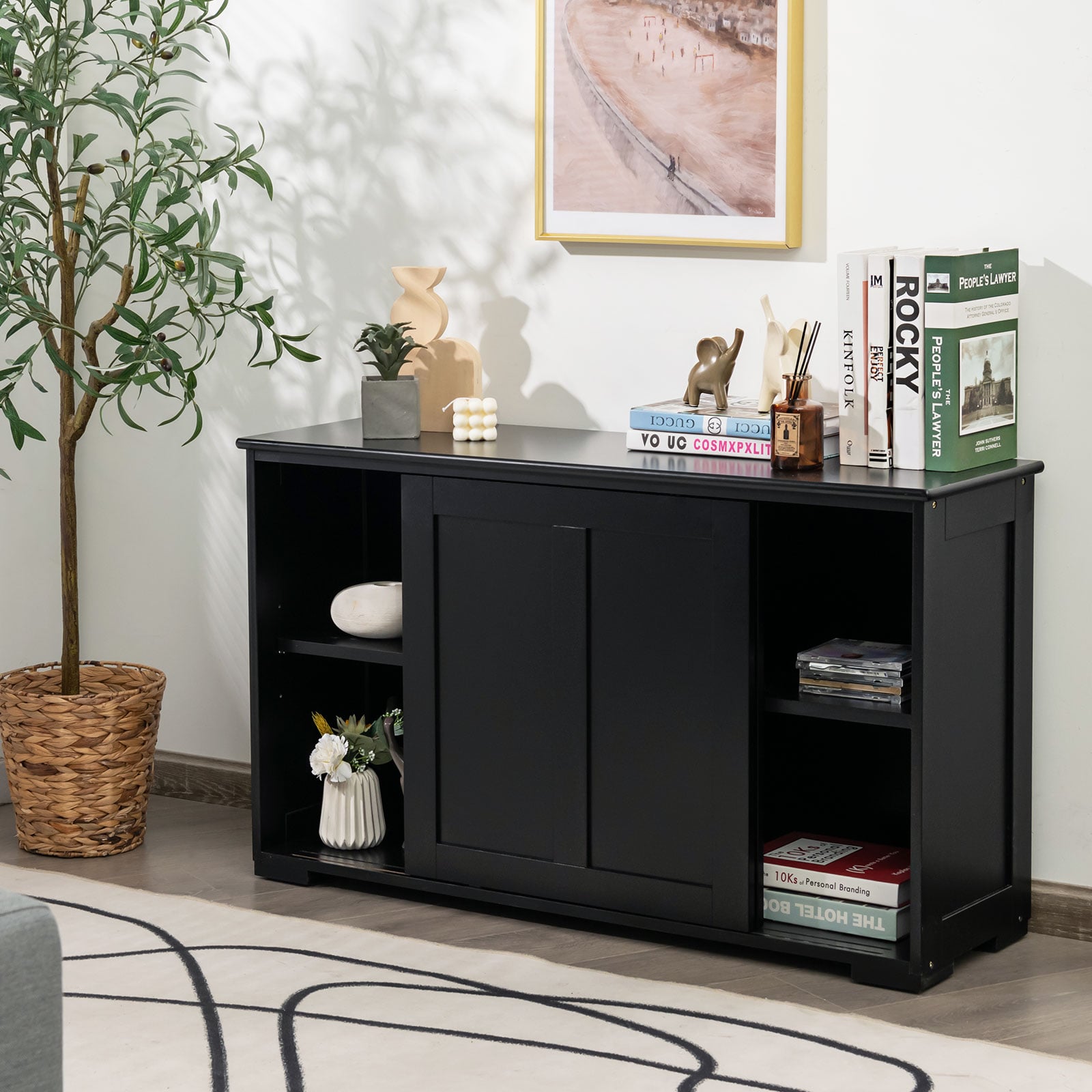 Storage Sideboard with Sliding Door and Double Partition-Black
