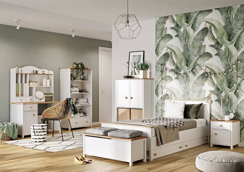 Modern bedroom with white furniture, green leafy wall art, and decorative items.