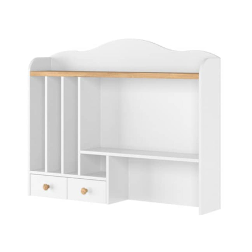 White corner shelf with wooden accents on a white background
