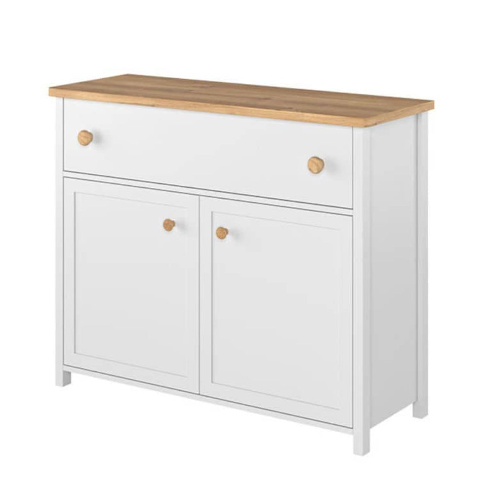 White cabinet with wooden top on a white background