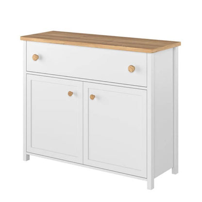 White cabinet with wooden top on a white background