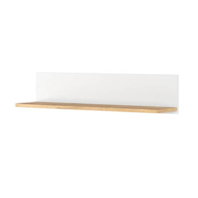 White wall-mounted shelf with gold accents on a white background