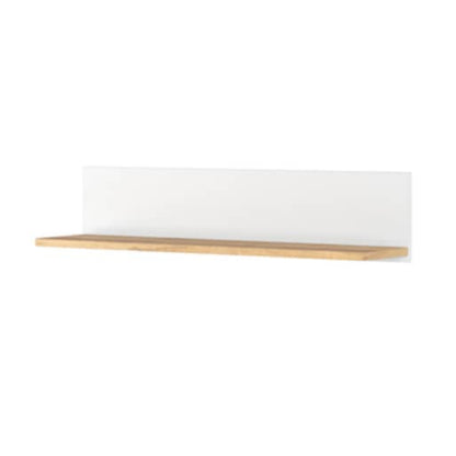 White wall-mounted shelf with gold accents on a white background