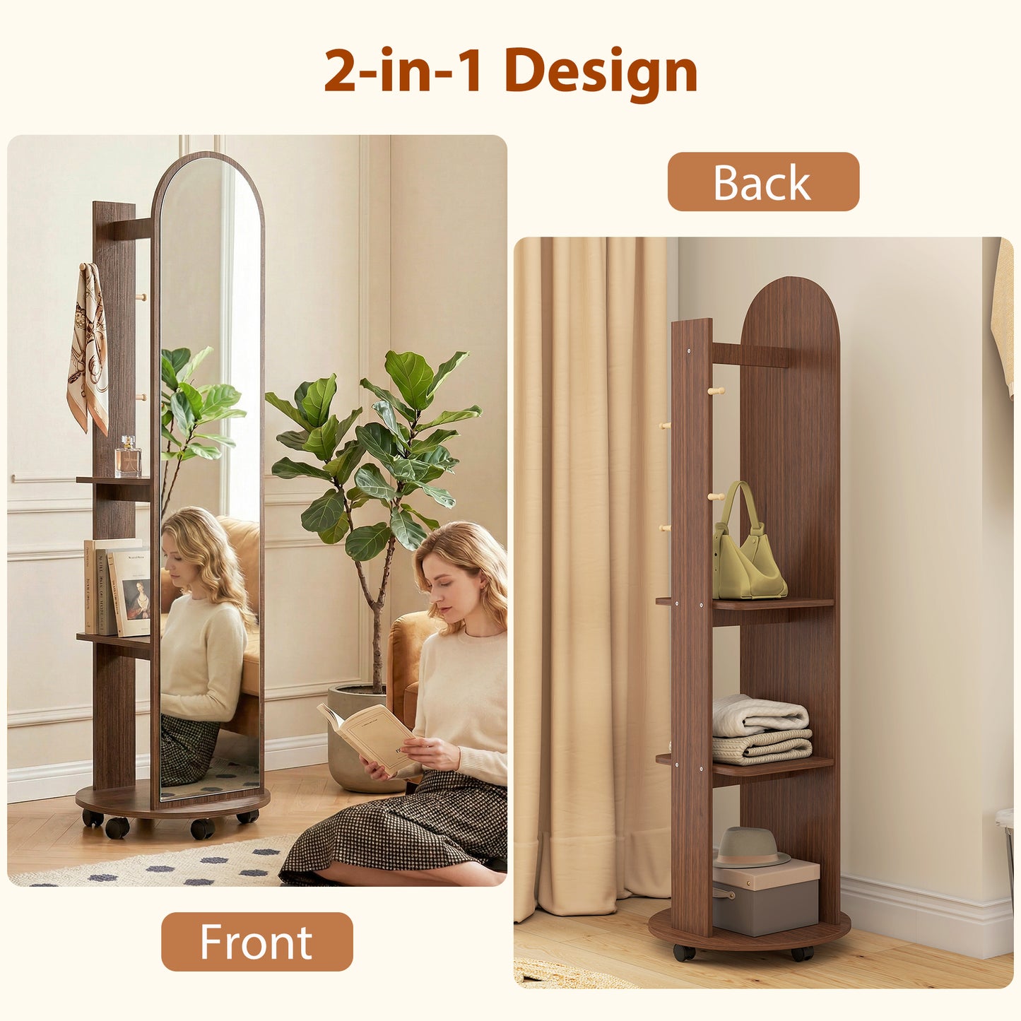 HOMCOM 2-in-1 Full Length Mirror with Storage Shelves, Floor Mirror with 4 Wheels, Coat Rack, Hooks, Brown Wood Effect