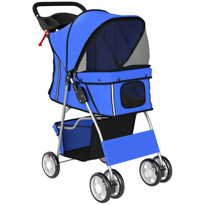 PawHut Dog Pram, Pet Stroller with Reflective Strips, Foldable Cat Stroller with 360Â° Swivel Wheels, Blue