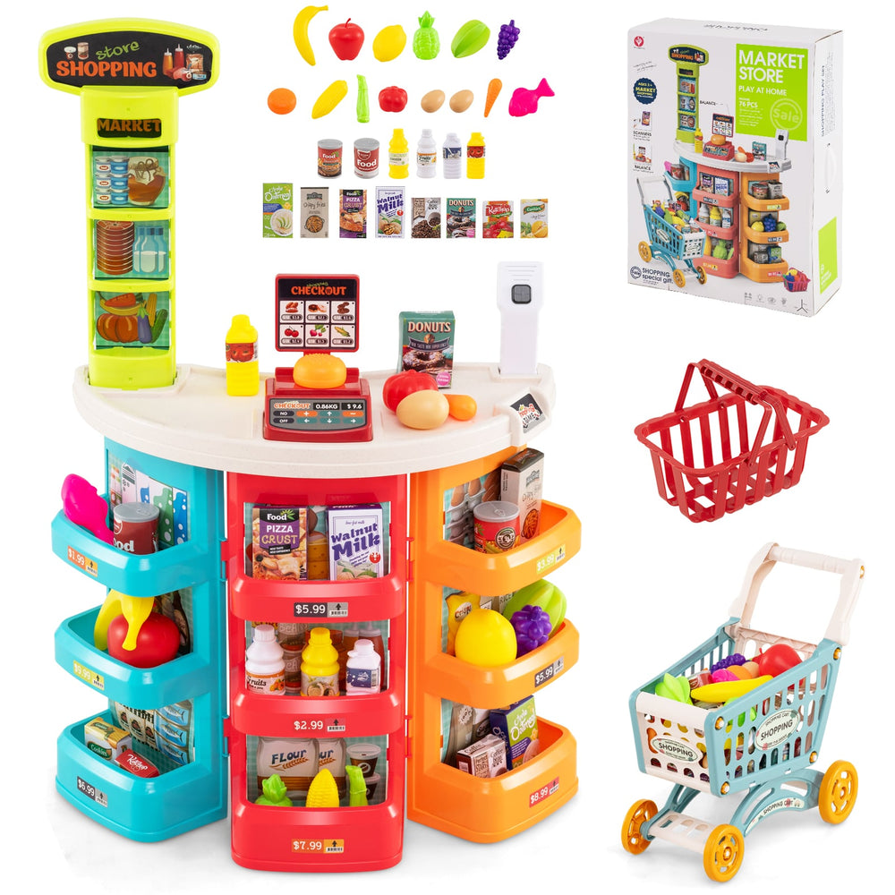 Supermarket Playset for Kids 76 Pieces Pretend Play Grocery Store Set-Blue