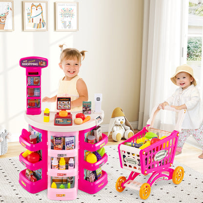 Supermarket Playset for Kids 76 Pieces Pretend Play Grocery Store Set-Pink