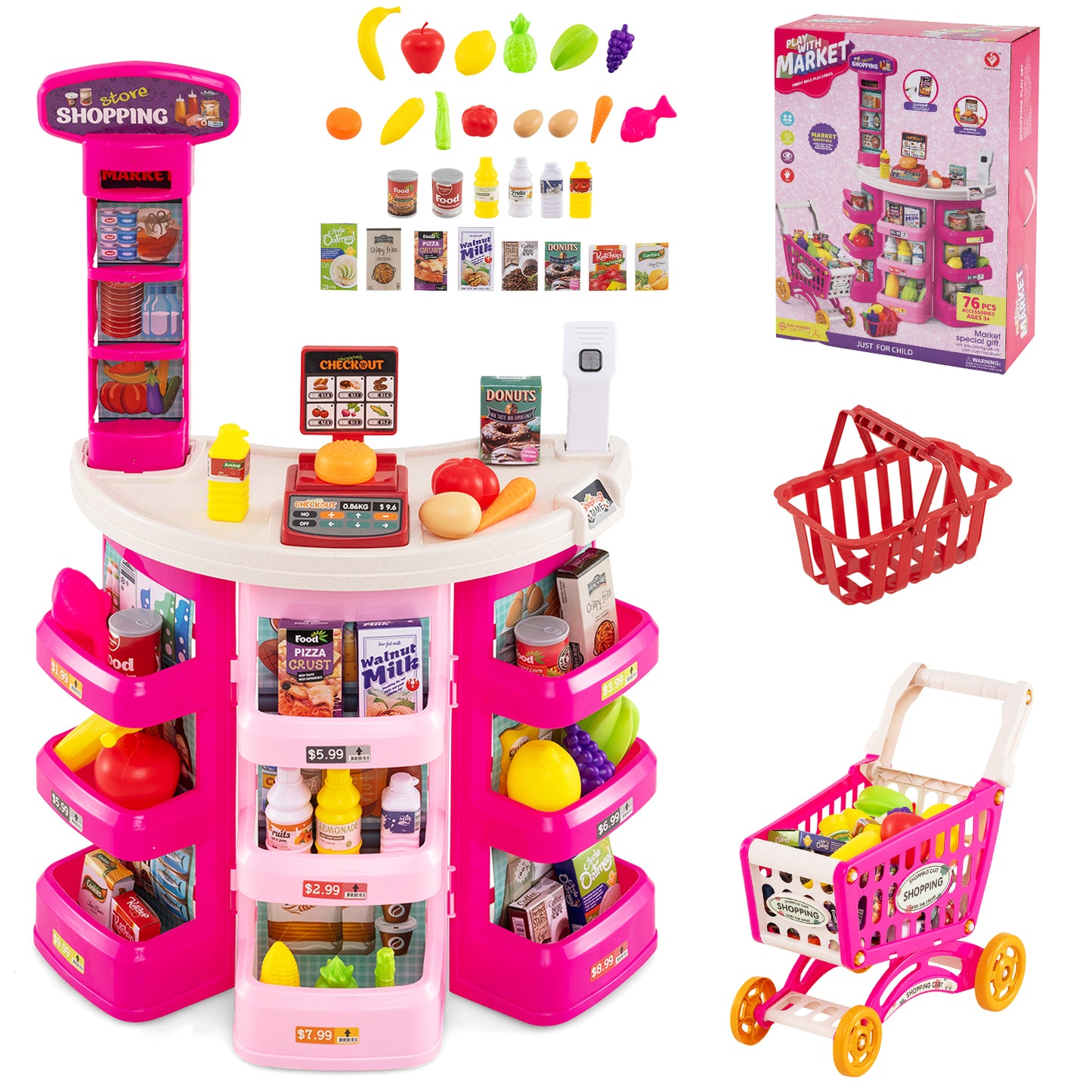 Supermarket Playset for Kids 76 Pieces Pretend Play Grocery Store Set-Pink