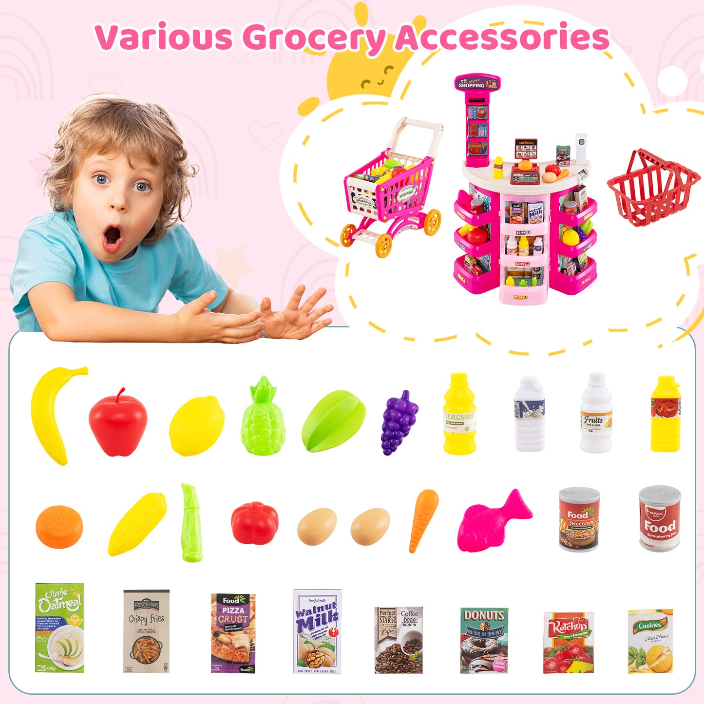 Supermarket Playset for Kids 76 Pieces Pretend Play Grocery Store Set-Pink