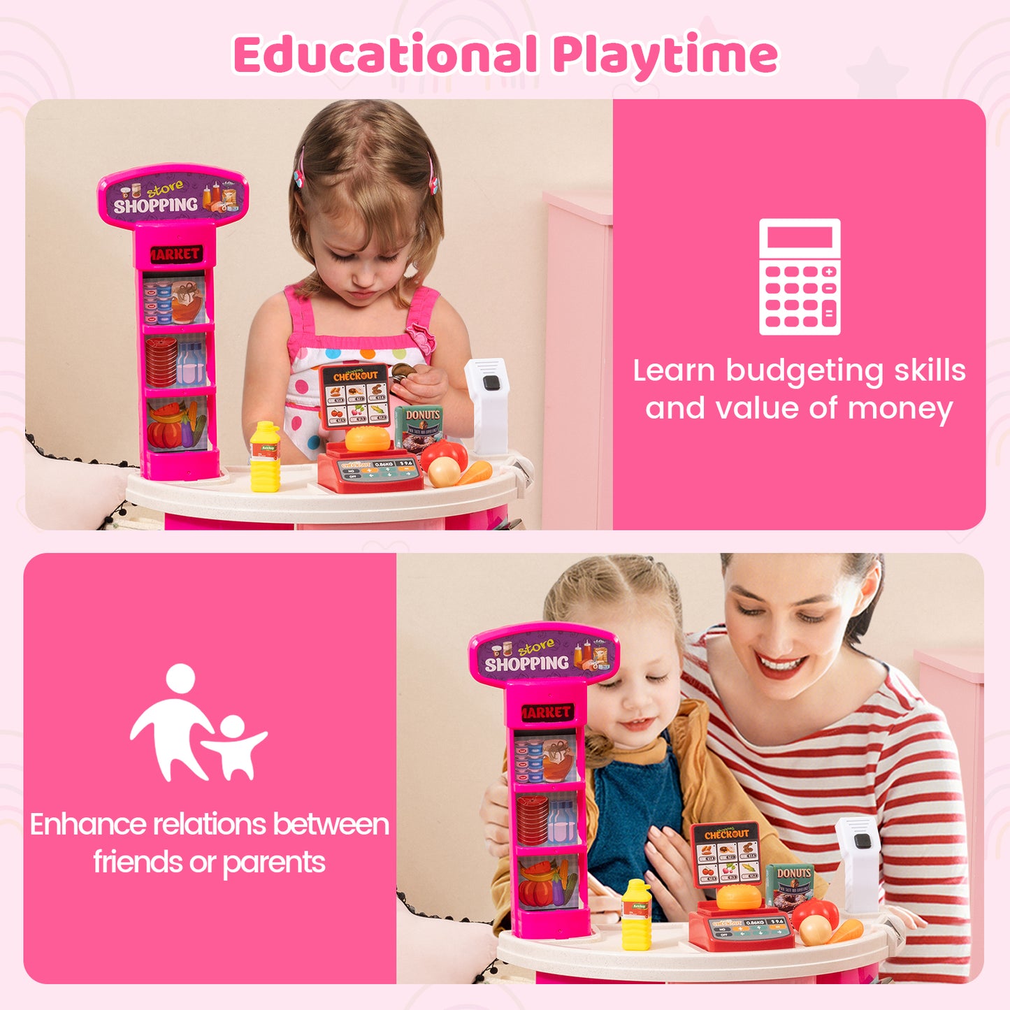 Supermarket Playset for Kids 76 Pieces Pretend Play Grocery Store Set-Pink