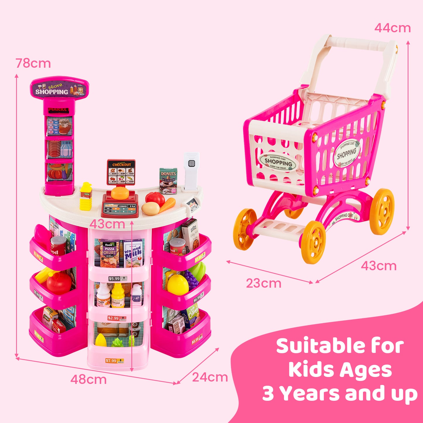 Supermarket Playset for Kids 76 Pieces Pretend Play Grocery Store Set-Pink