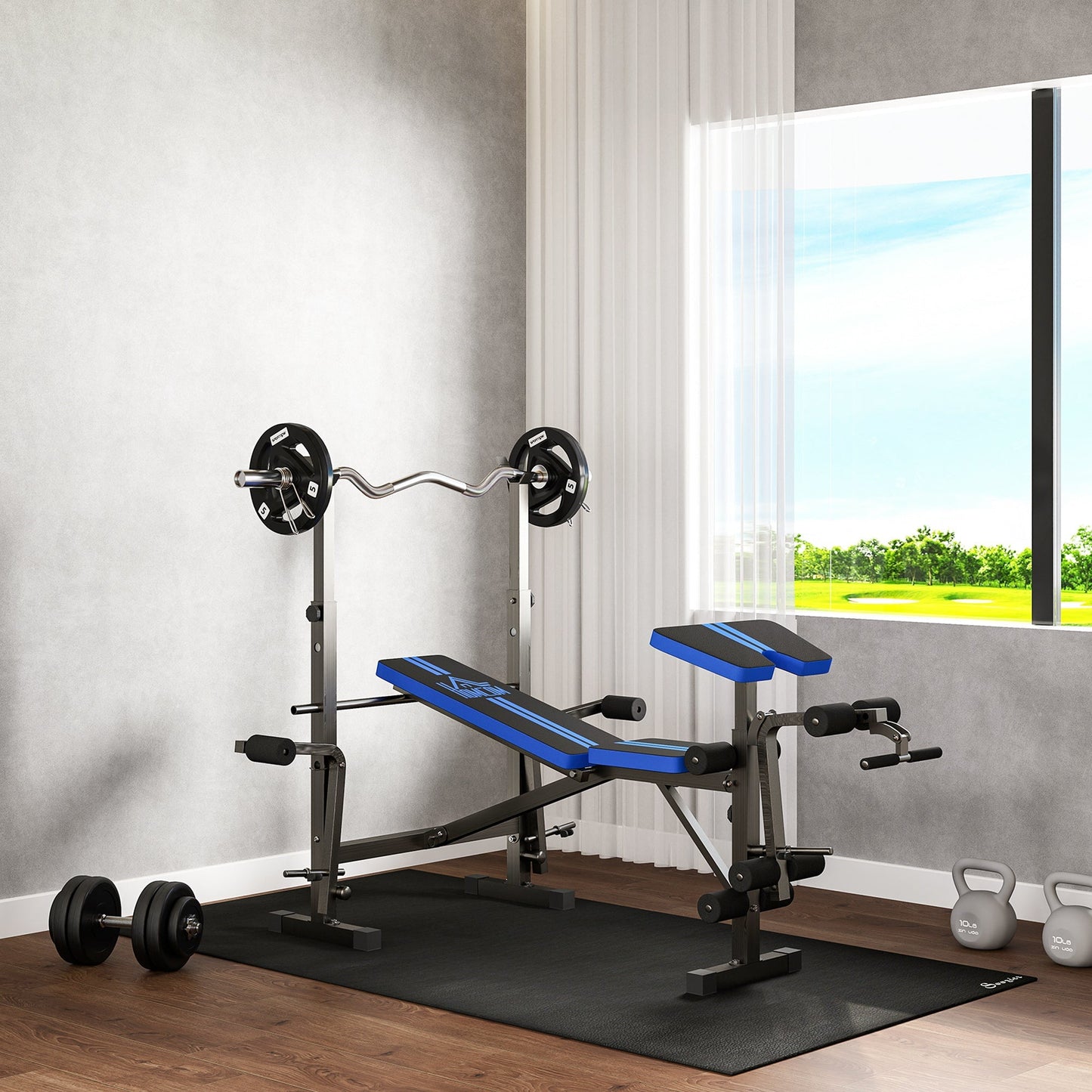 HOMCOM Adjustable Weight Bench with Leg Extension, Barbell Rack, Preacher Curl Pad, Butterfly, Multi-Function Home Gym Bench for Strength Training, Blue