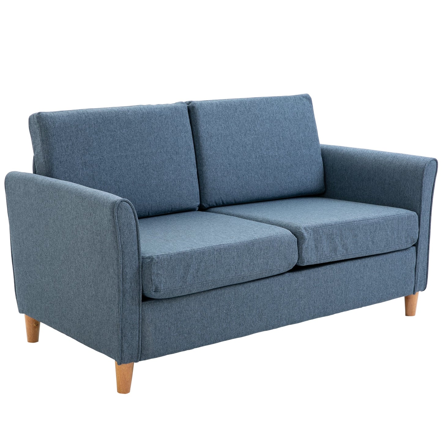 Linen Upholstery 2-Seat Sofa Floor Sofa Living Room Furniture with Armrest Wooden Legs Blue