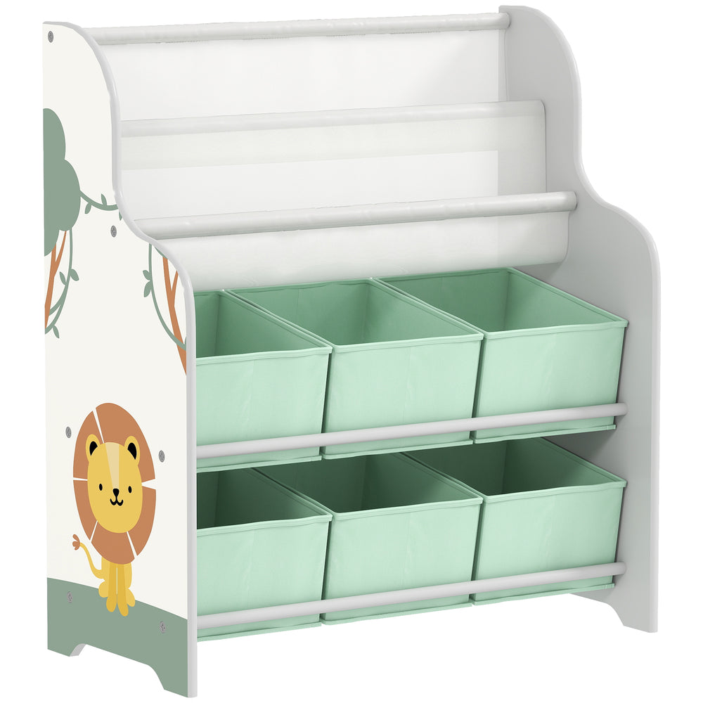 AIYAPLAY Kids Storage Unit, Toy Organiser with 6 Fabric Drawers and 2-Tier Sling Book Rack for Bedroom, Playroom, Nursery, Green