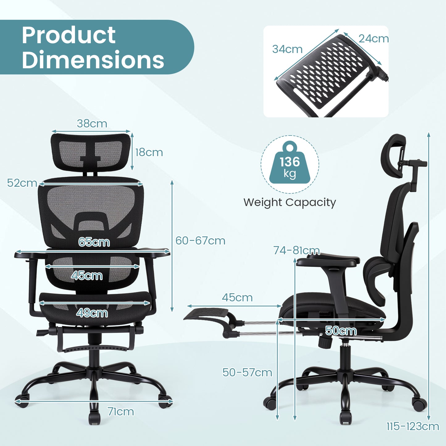 Swivel Rolling Mesh Ergonomic Office Chair with Footrest High Back-Black
