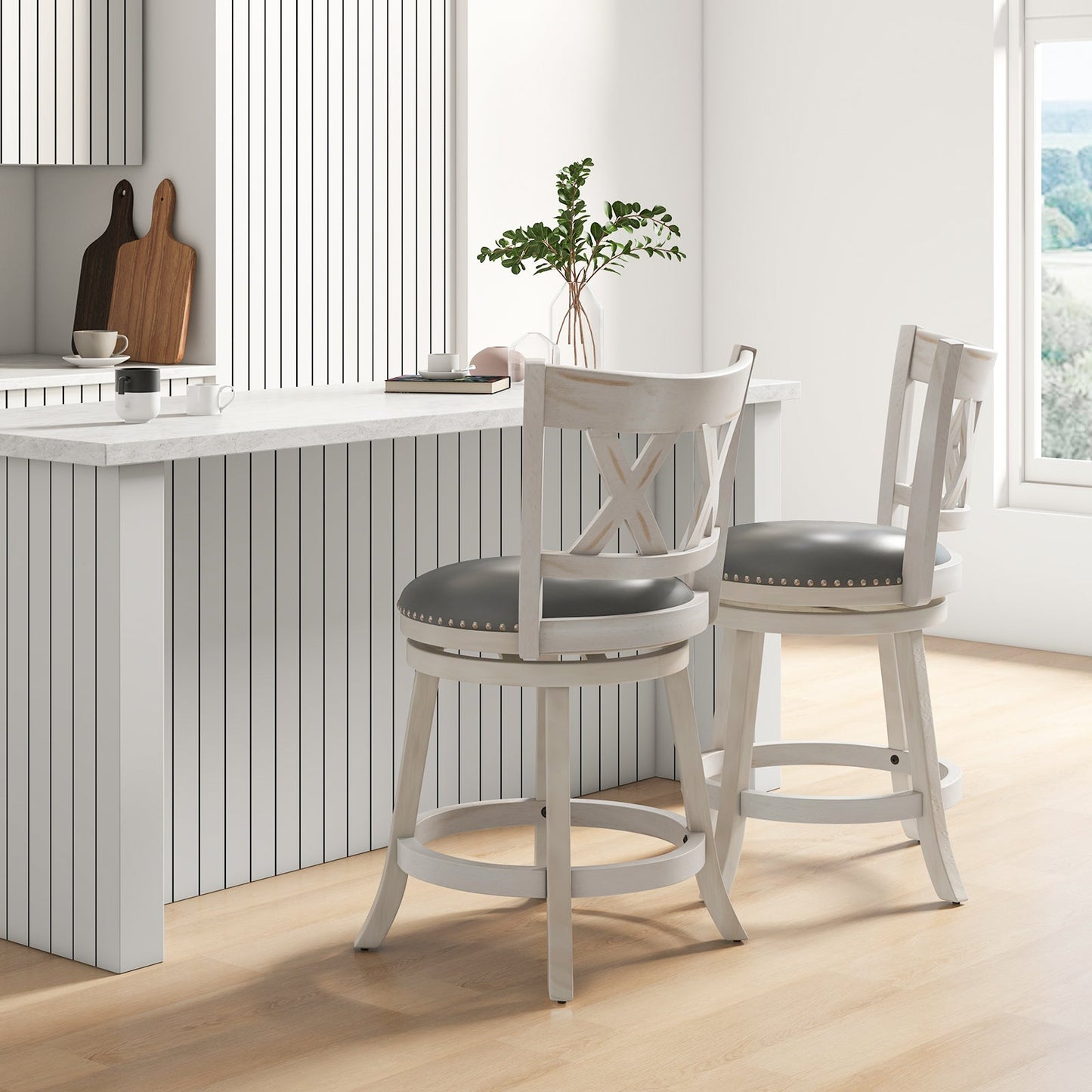 Swivel 64cm Hand-Antiqued Stool Set of 2 with Wider Padded Seat-White-64 cm