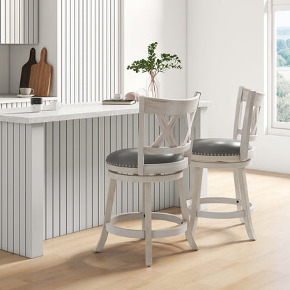 Swivel 64cm Hand-Antiqued Stool Set of 2 with Wider Padded Seat-White-64 cm