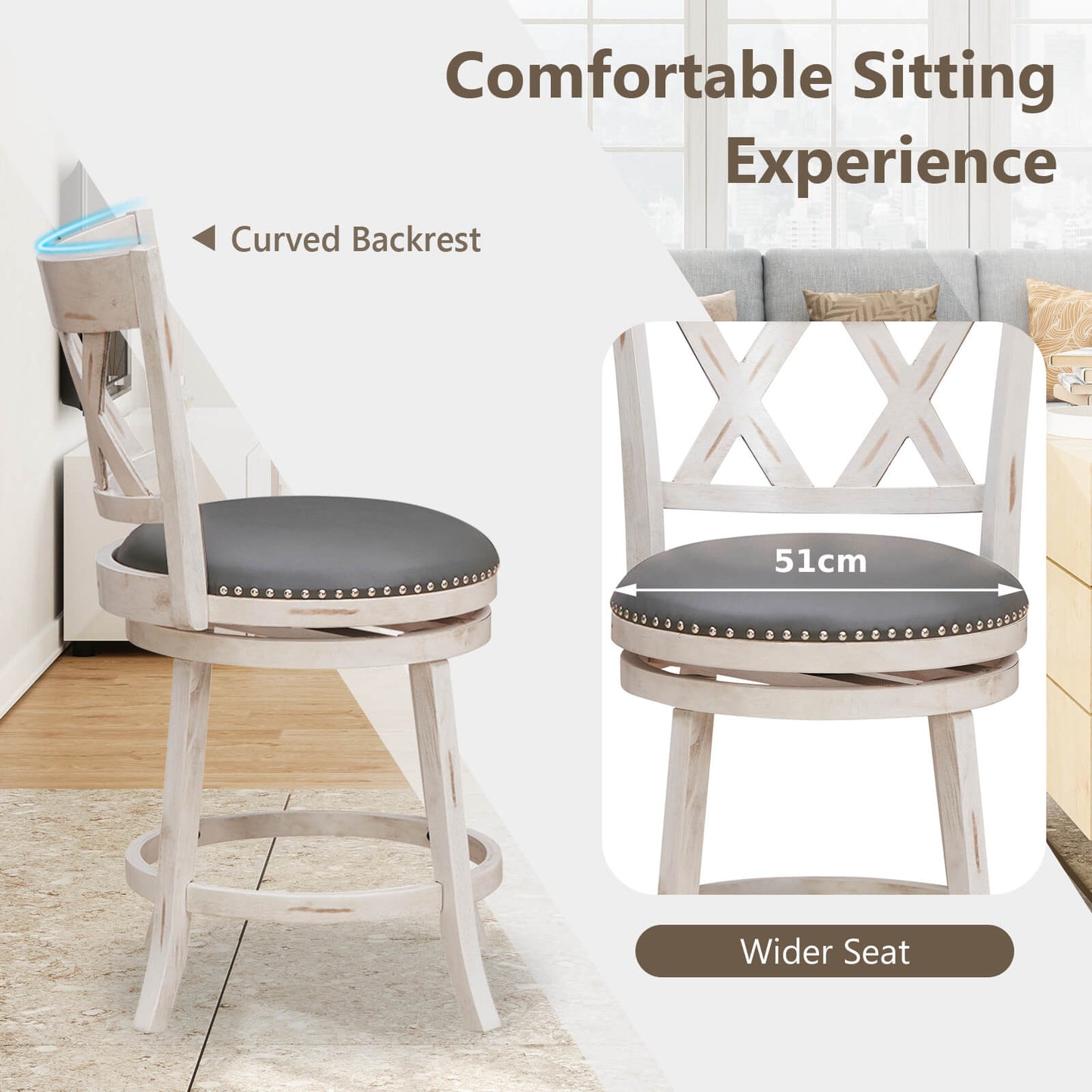 Swivel 64cm Hand-Antiqued Stool Set of 2 with Wider Padded Seat-White-64 cm