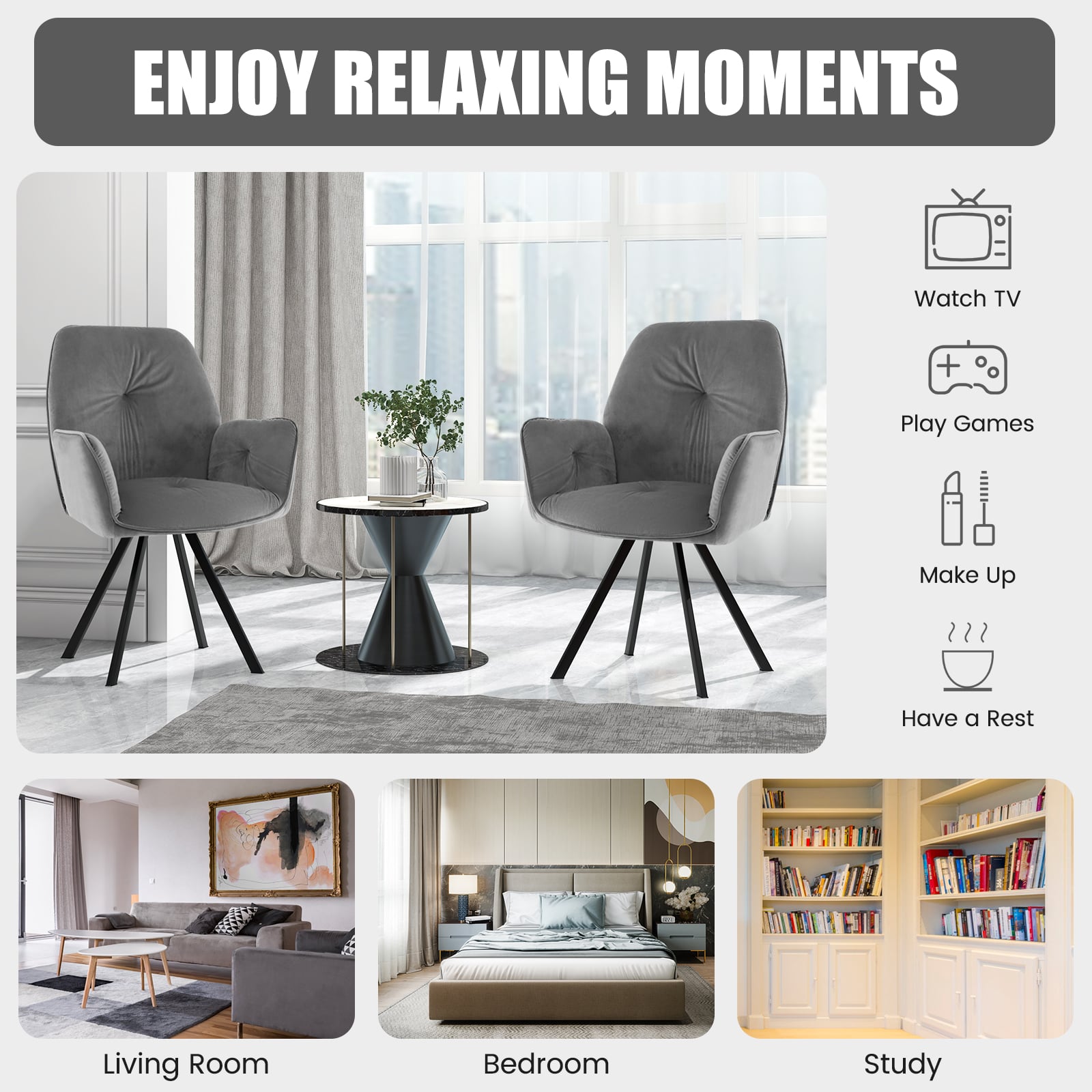 2 PCS Swivel Accent Arm Chairs with Metal Legs and Anti-slip Foot Pads-Grey