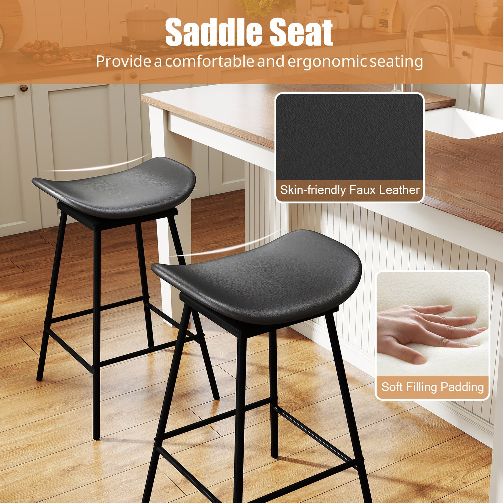 Swivel Barstools Set of 2 with Padded Saddle Seat and Footrest-Black