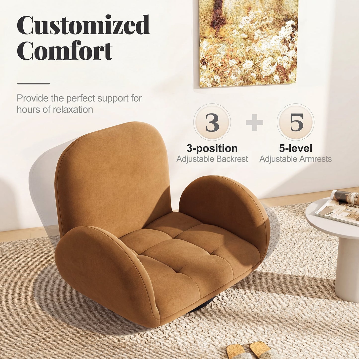 Swivel Floor Chair with Adjustable Backrest and Armrests-Coffee