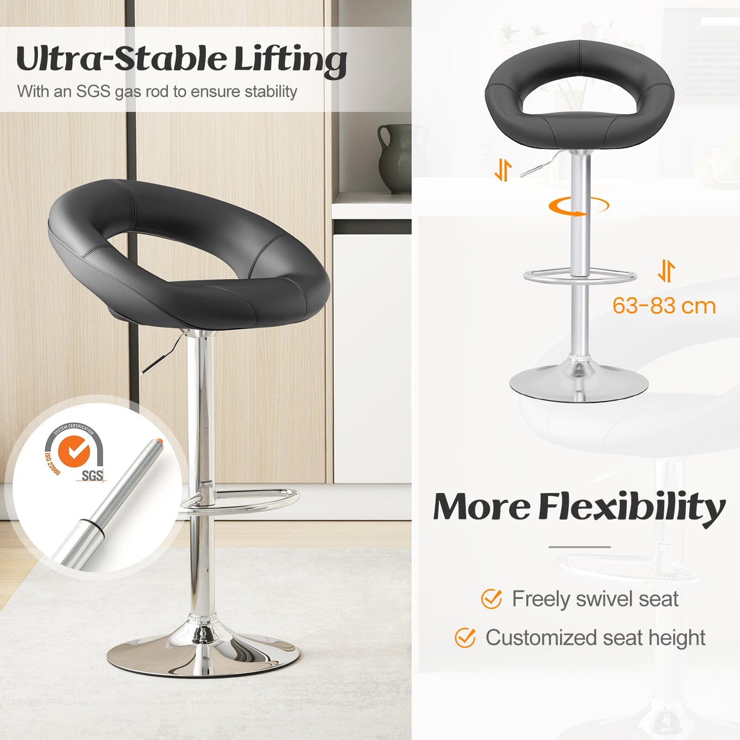 Swivel Height Adjustable Bar Stool Set of 2 with Hollow Back and Footrest-Black
