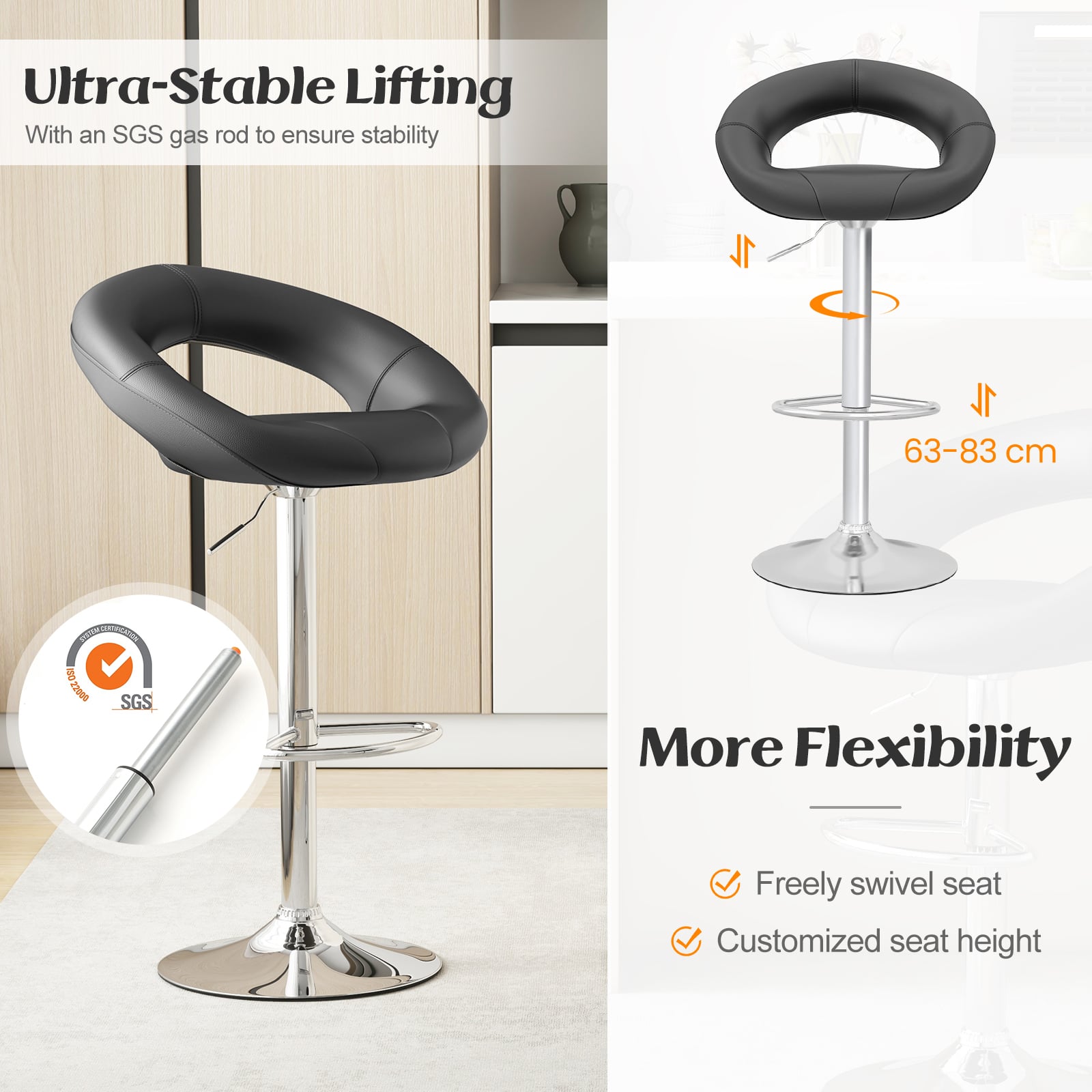 Swivel Height Adjustable Bar Stool Set of 2 with Hollow Back and Footrest-Black