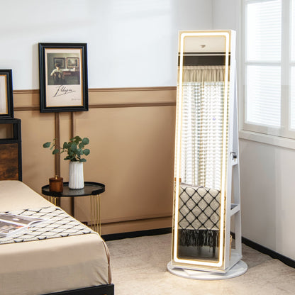 360° Swivel Jewelry Cabinet with LED Lights,  Foldable Shelf-White