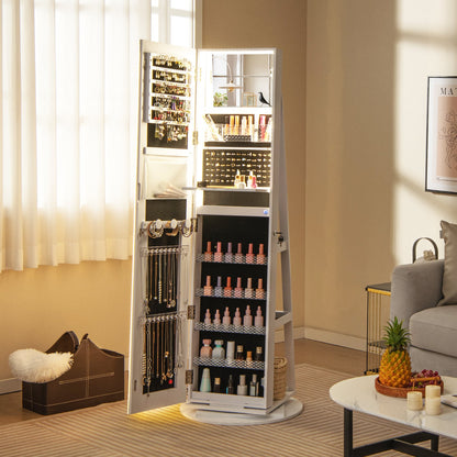 360° Swivel Jewelry Cabinet with LED Lights,  Foldable Shelf-White