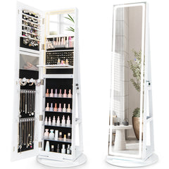 360° Swivel Jewelry Cabinet with LED Lights,  Foldable Shelf-White