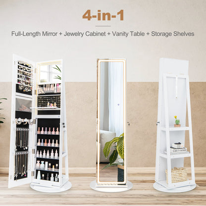 360° Swivel Jewelry Cabinet with LED Lights,  Foldable Shelf-White
