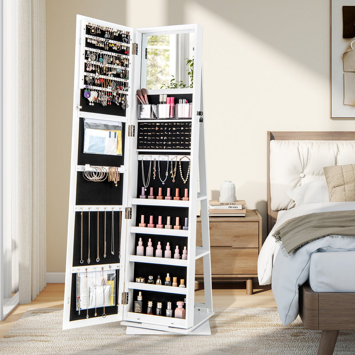 360° Swivel Jewelry Armoire with Full Length Mirror and Back Shelves-White