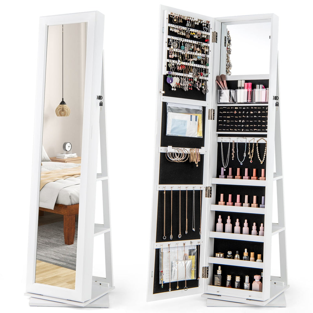 360° Swivel Jewelry Armoire with Full Length Mirror and Back Shelves-White