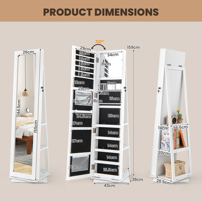 360° Swivel Jewelry Armoire with Full Length Mirror and Back Shelves-White