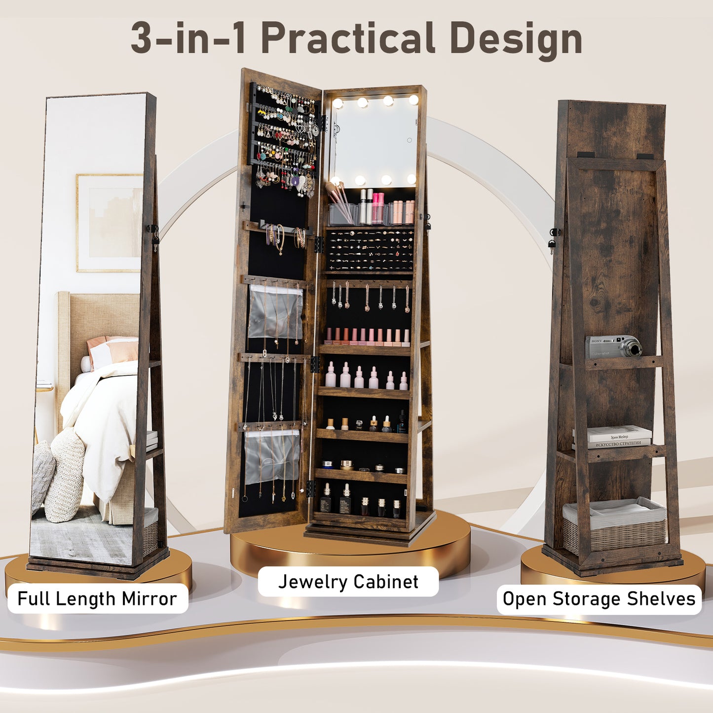 360° Swivel Jewelry Cabinet Full Length Mirror and Back Shelves-Rustic Brown
