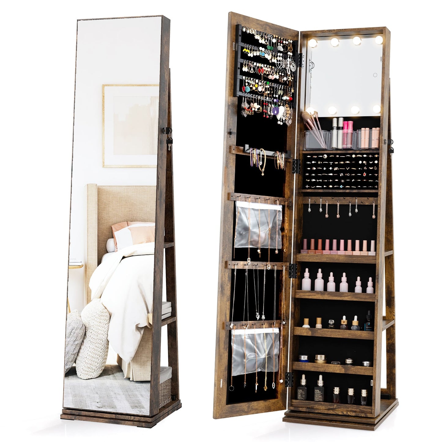 360° Swivel Jewelry Cabinet Full Length Mirror and Back Shelves-Rustic Brown