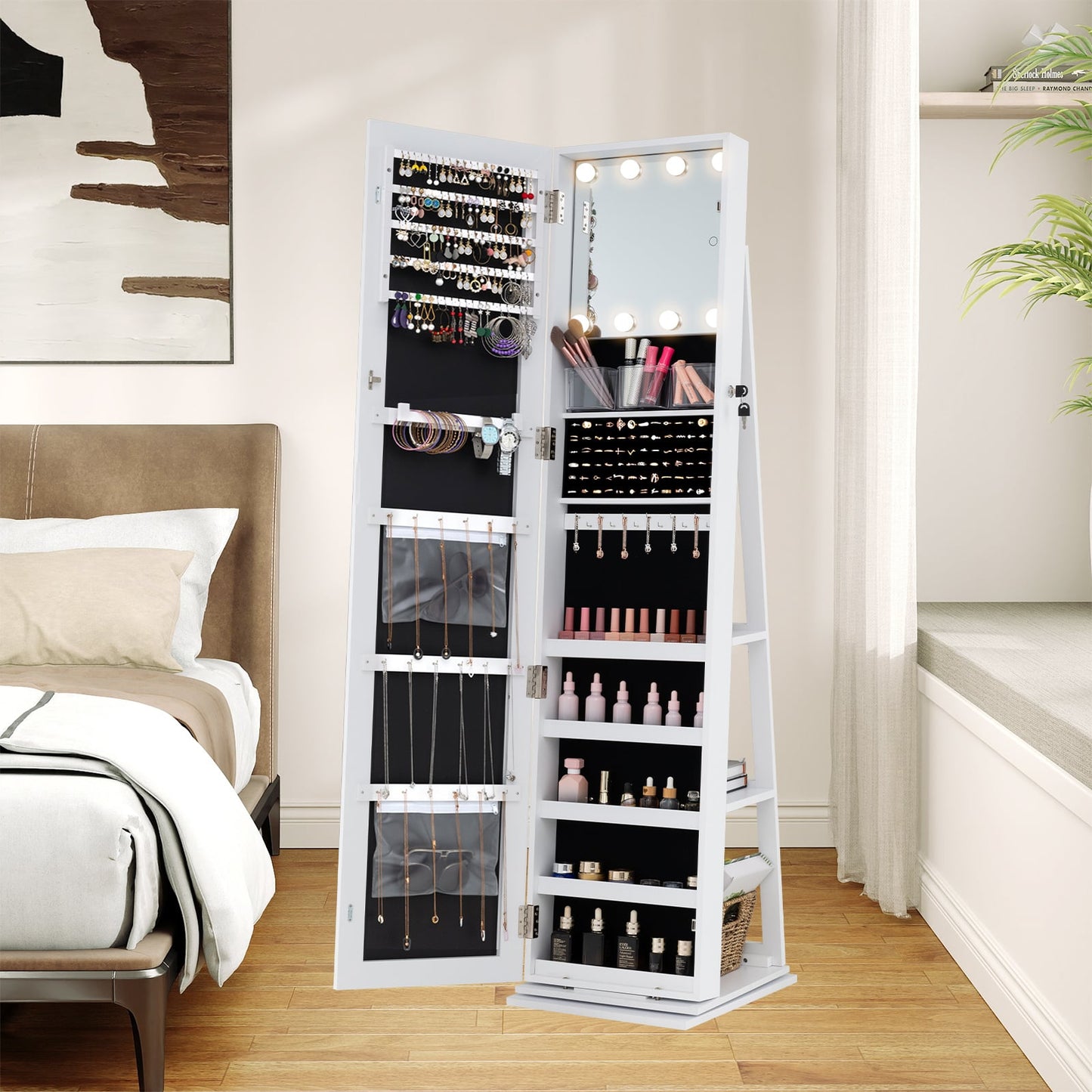 360° Swivel Jewelry Cabinet Full Length Mirror and Back Shelves-White