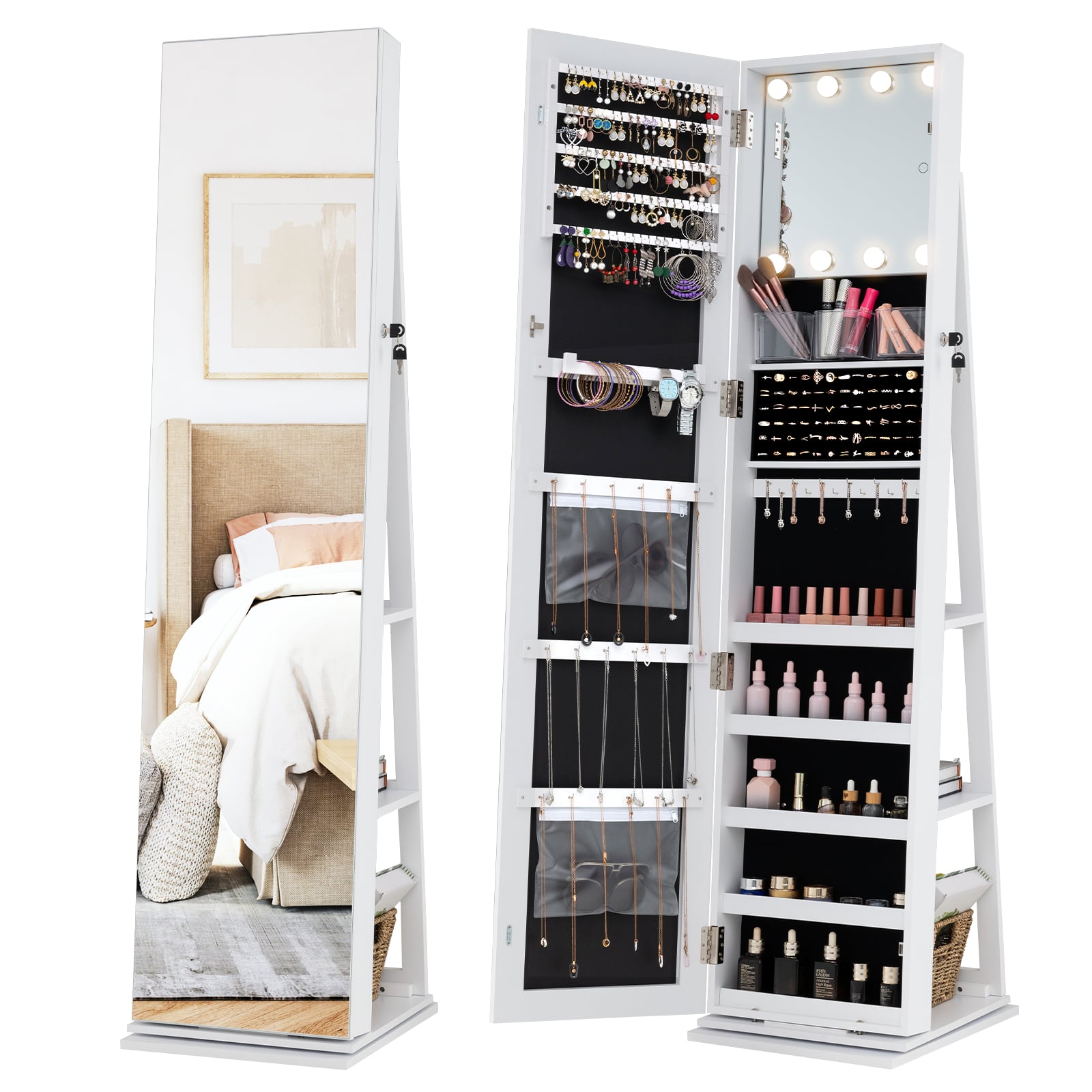360° Swivel Jewelry Cabinet Full Length Mirror and Back Shelves-White