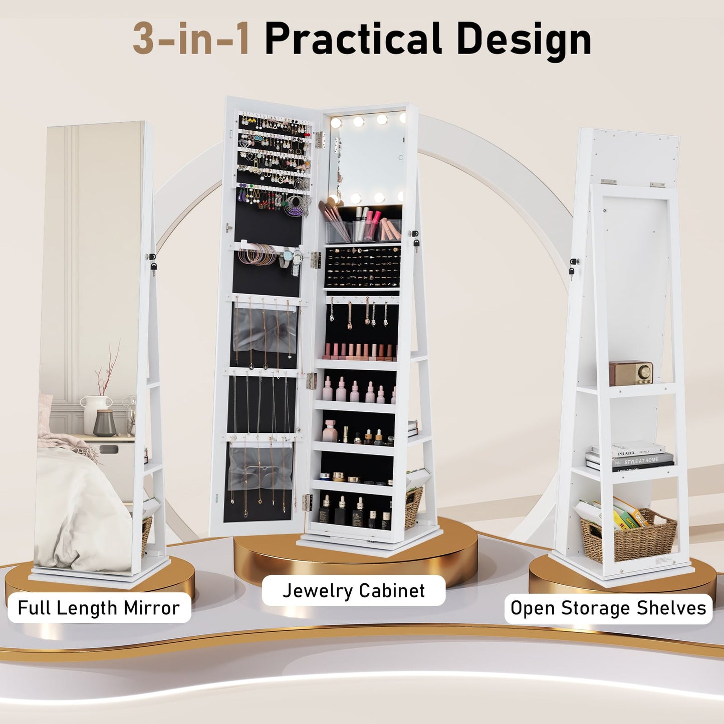 360° Swivel Jewelry Cabinet Full Length Mirror and Back Shelves-White