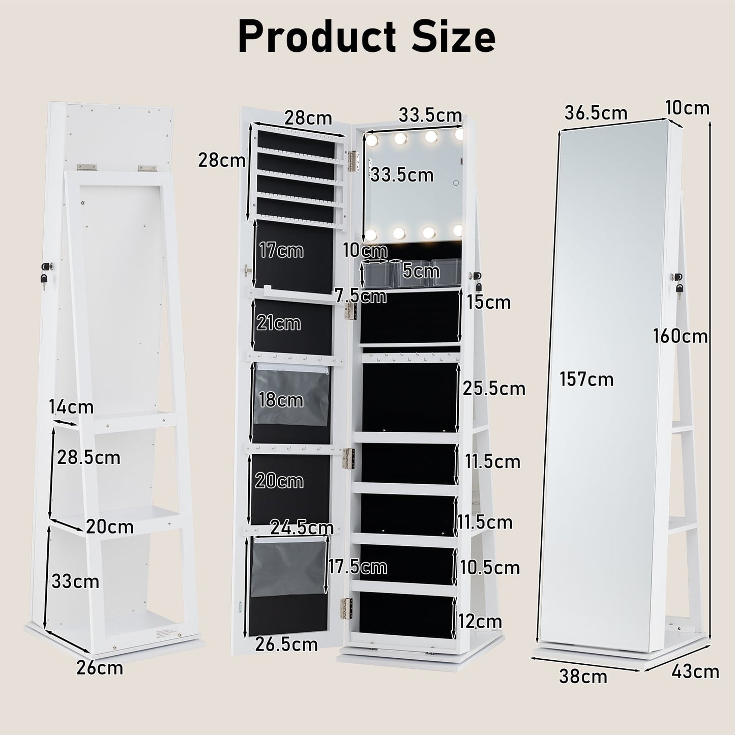 360° Swivel Jewelry Cabinet Full Length Mirror and Back Shelves-White