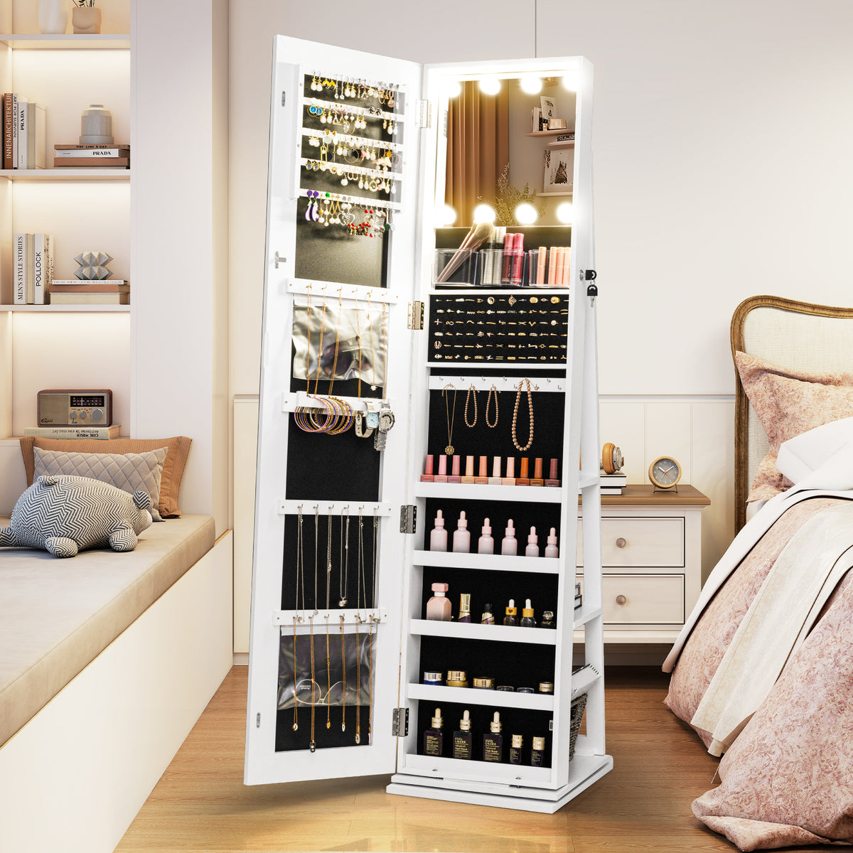 360° Swivel Jewelry Cabinet Freestanding Jewelry Storage Organizer with Lighted Full Length Mirror-White