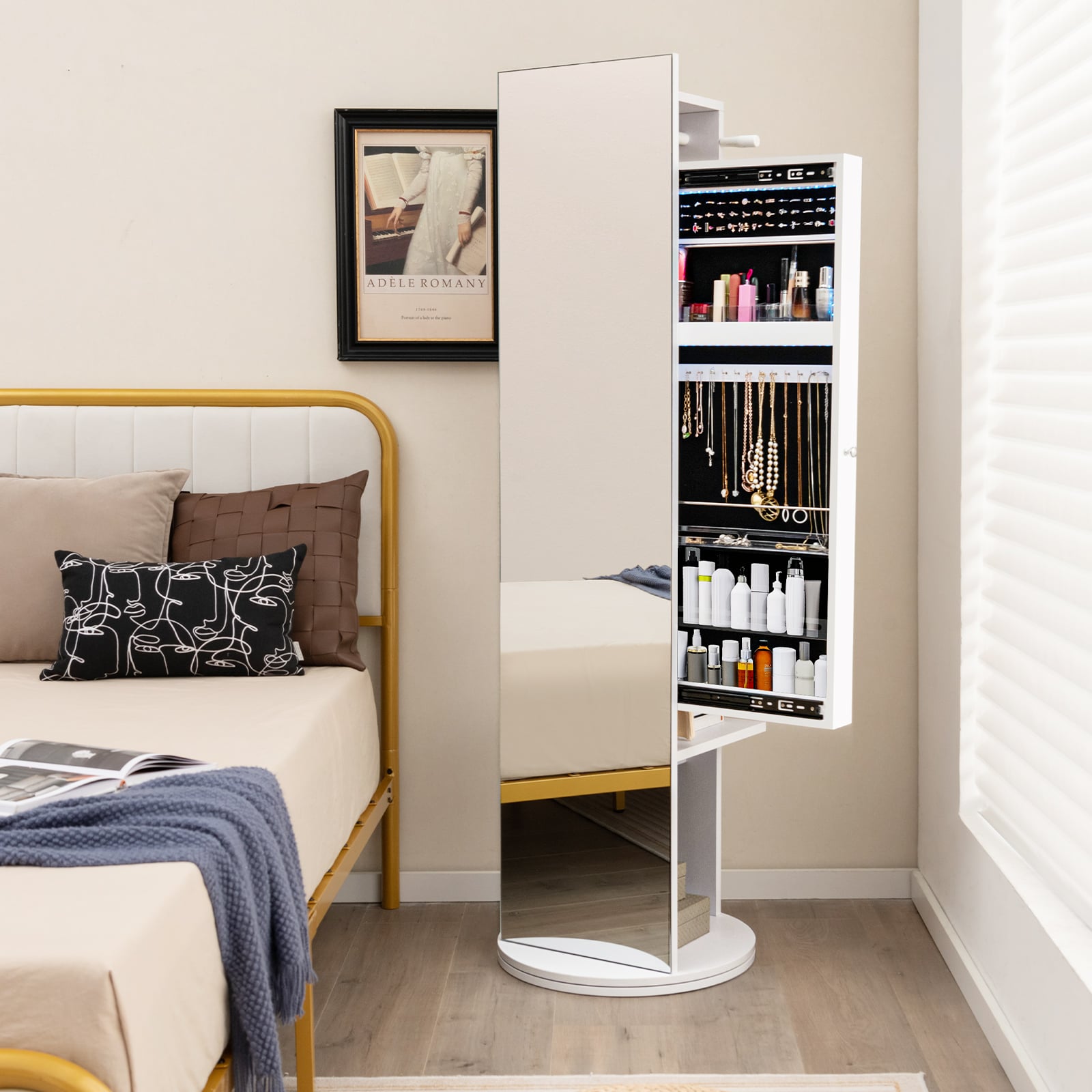 Swivel Jewelry Cabinet with Full-Length Mirror Cosmetics Storage-White