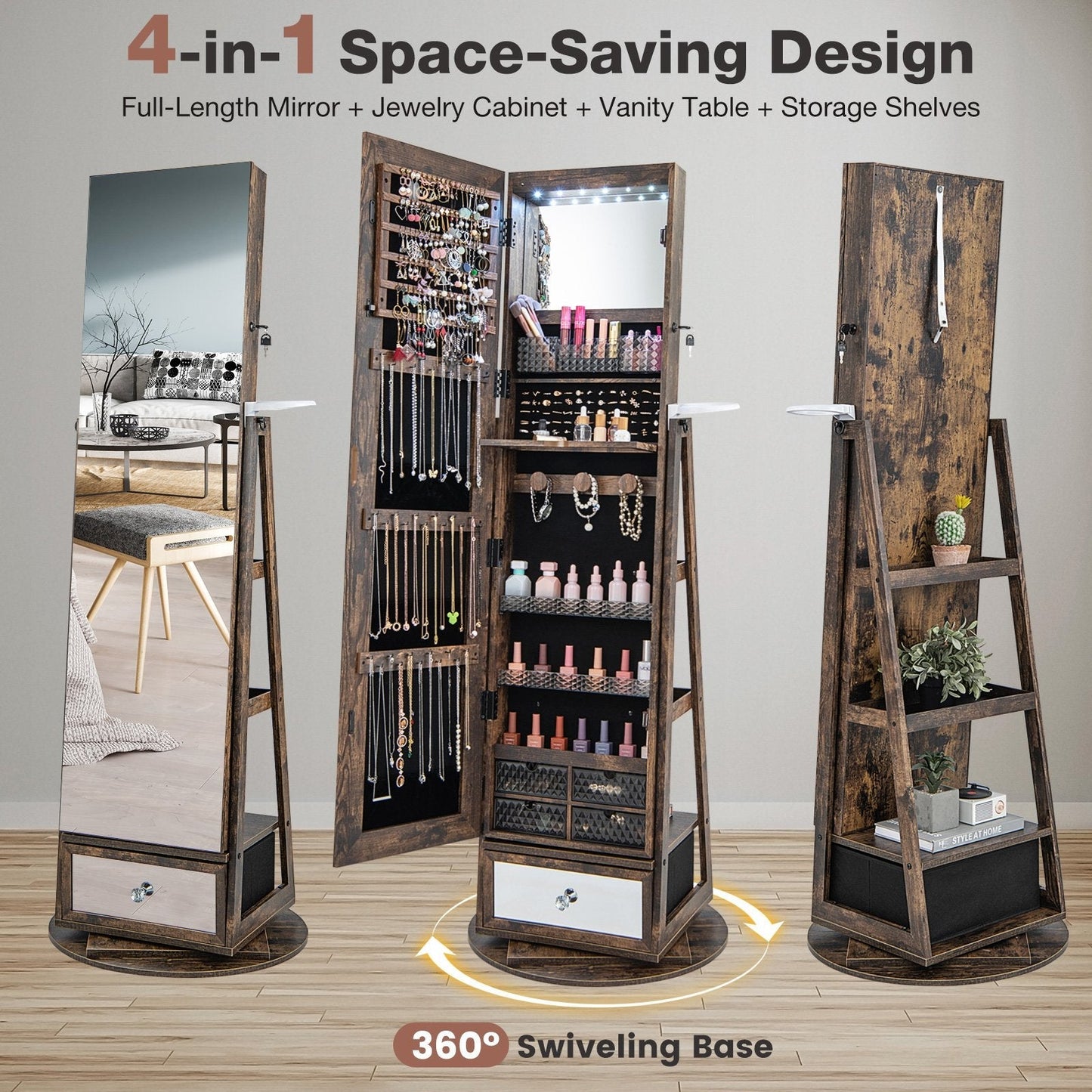 360° Swivel Lockable Jewelry Armoire Cabinet with Full-Length Mirror-Rustic Brown