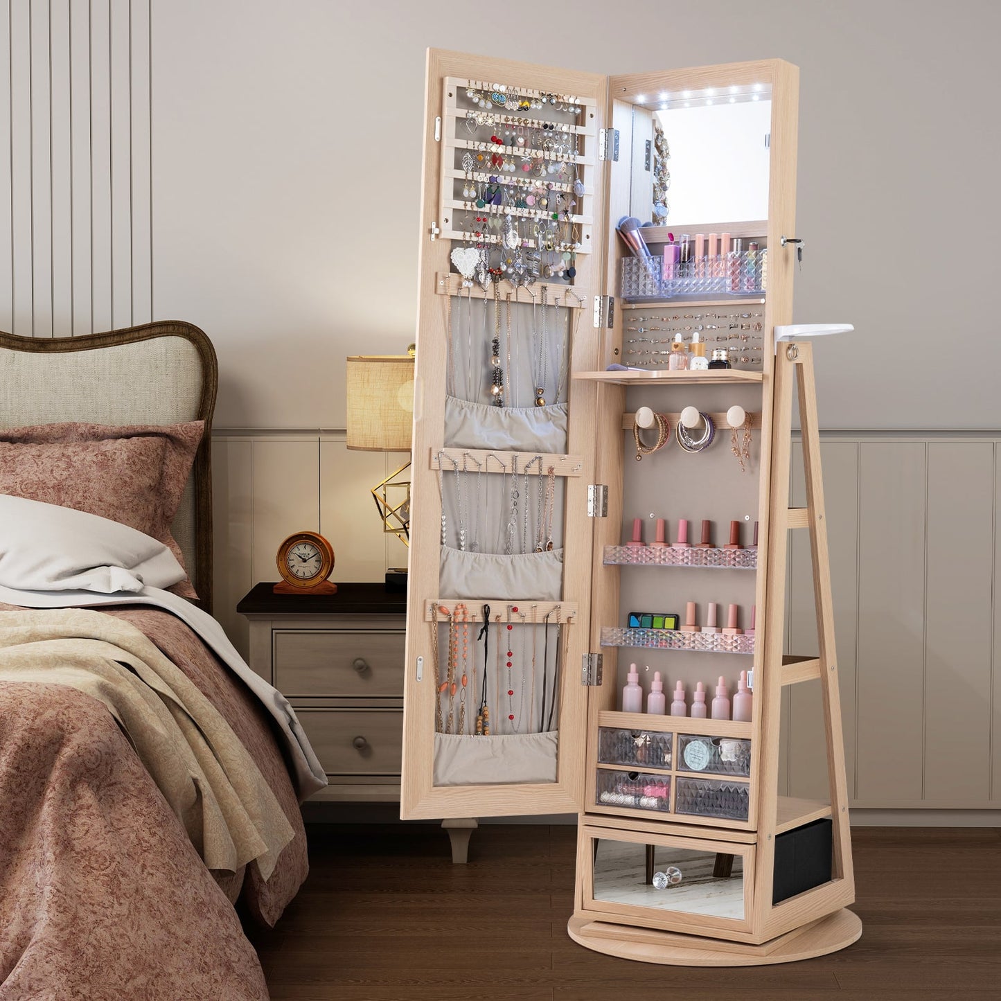 360° Swivel Lockable Jewelry Armoire Cabinet with Full-Length Mirror-Natural