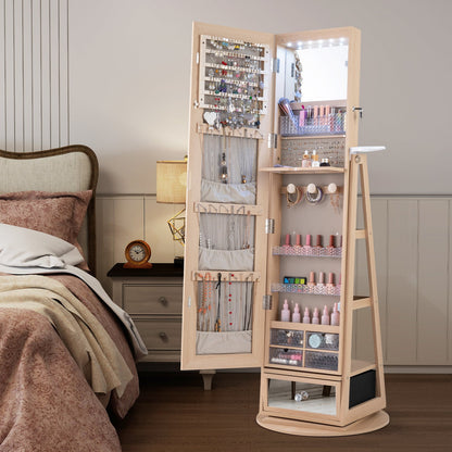 360° Swivel Lockable Jewelry Armoire Cabinet with Full-Length Mirror-Natural