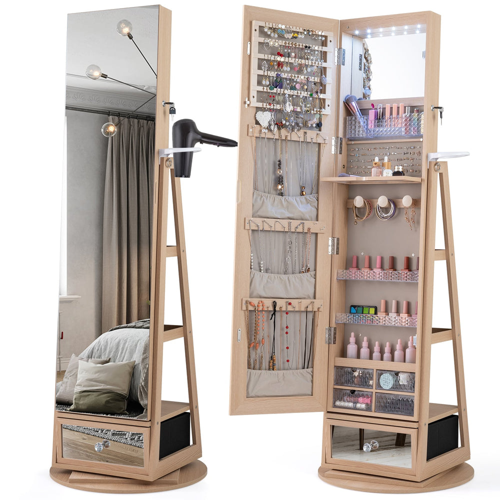 360° Swivel Lockable Jewelry Armoire Cabinet with Full-Length Mirror-Natural